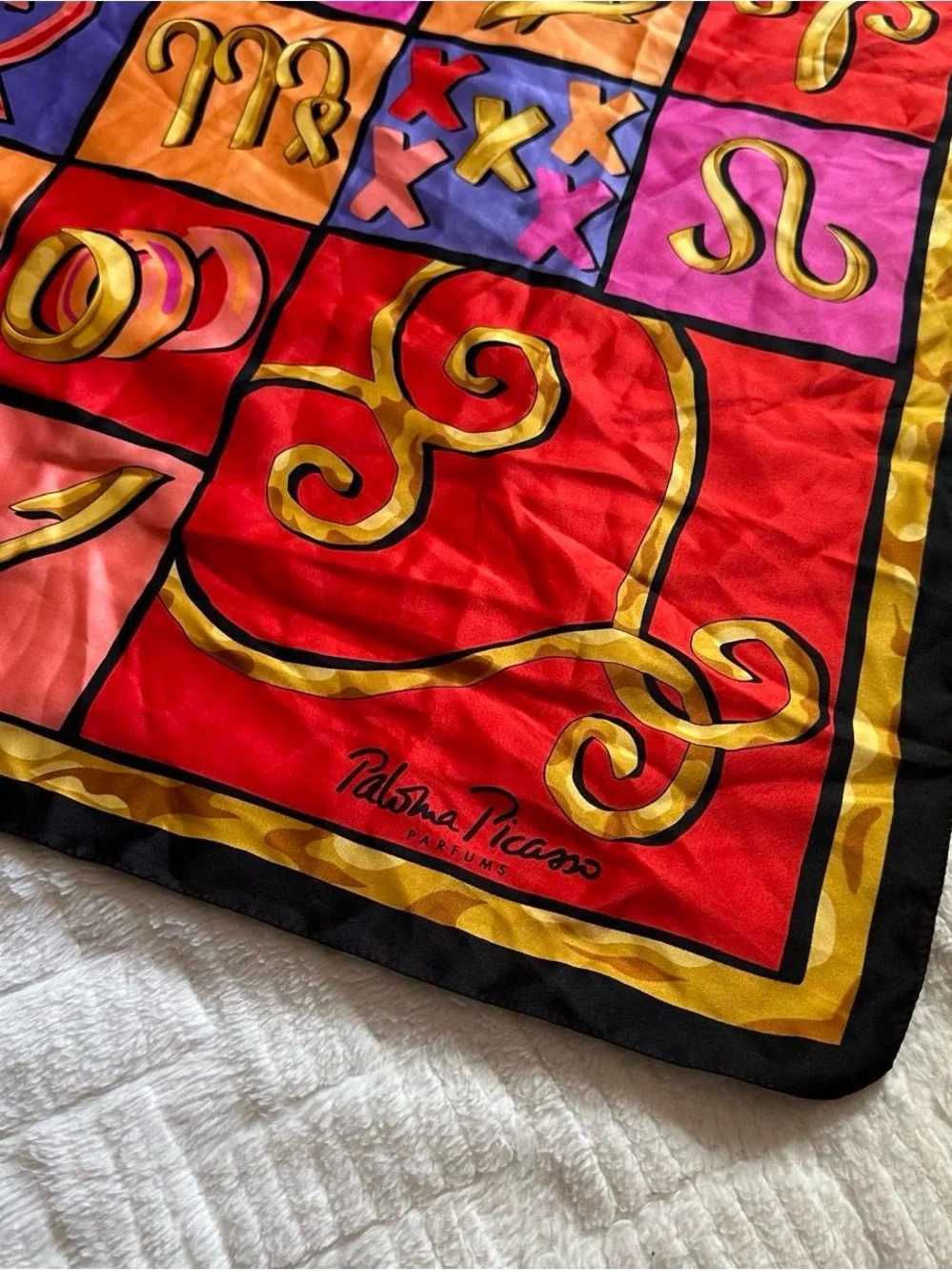 Vintage 90s Paloma Picasso Zodiac Silk Scarf - Red, Orange, Pink, Purple